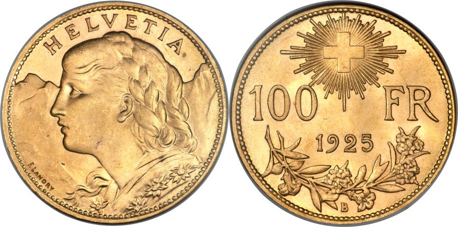 スイス、アルプスの少女 100フラン金貨