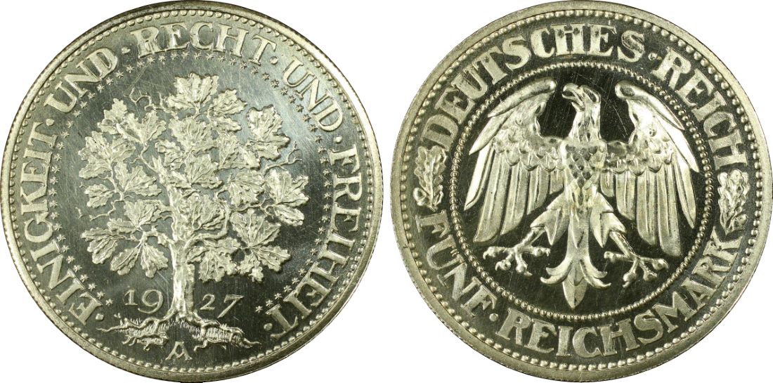 ドイツ ヴァイマル共和国 5マルク銀貨 樫の木 プルーフカメオ